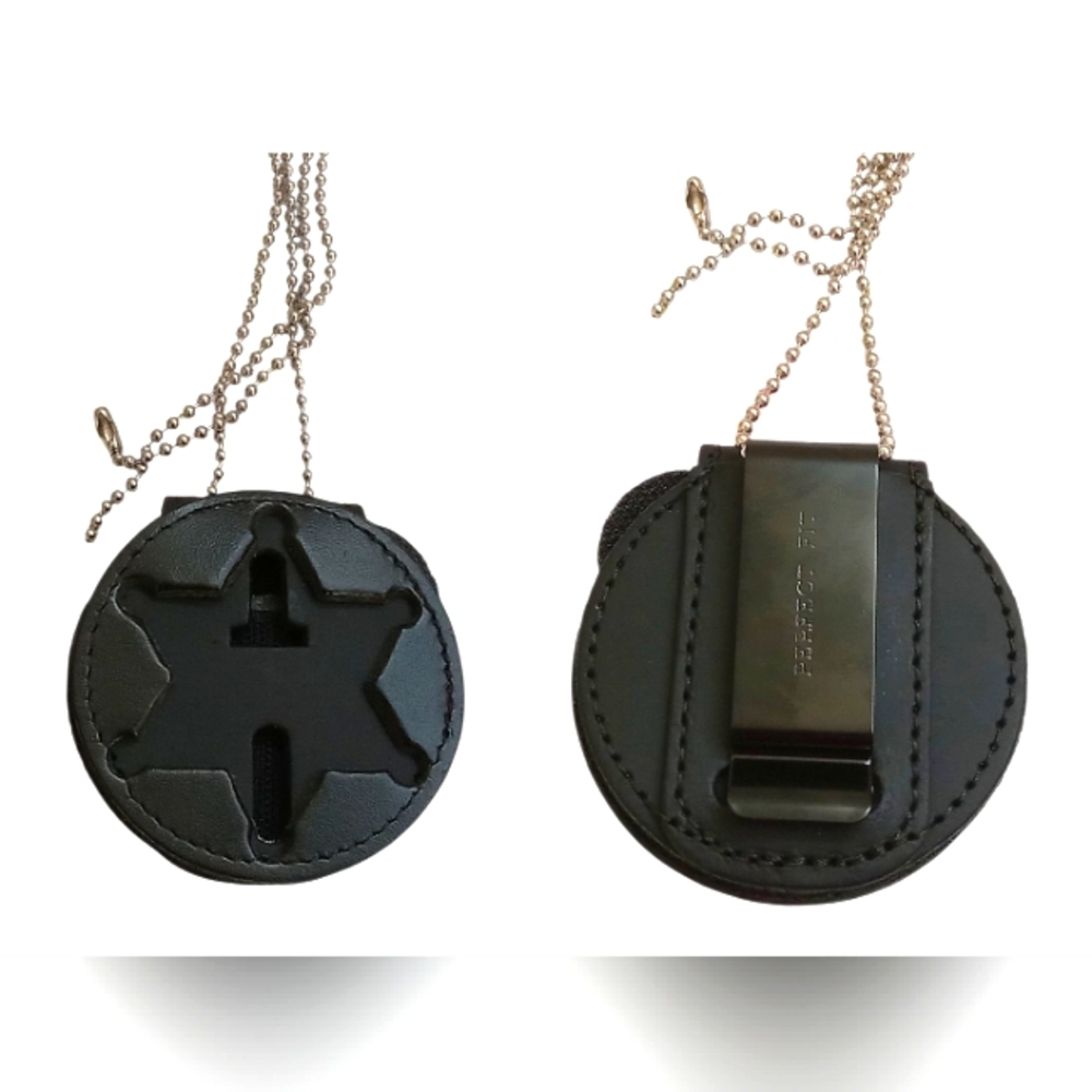 Perfect Fit Black Leather Sheriff Badge Holder Belt Clip and Neck Chain NWOT